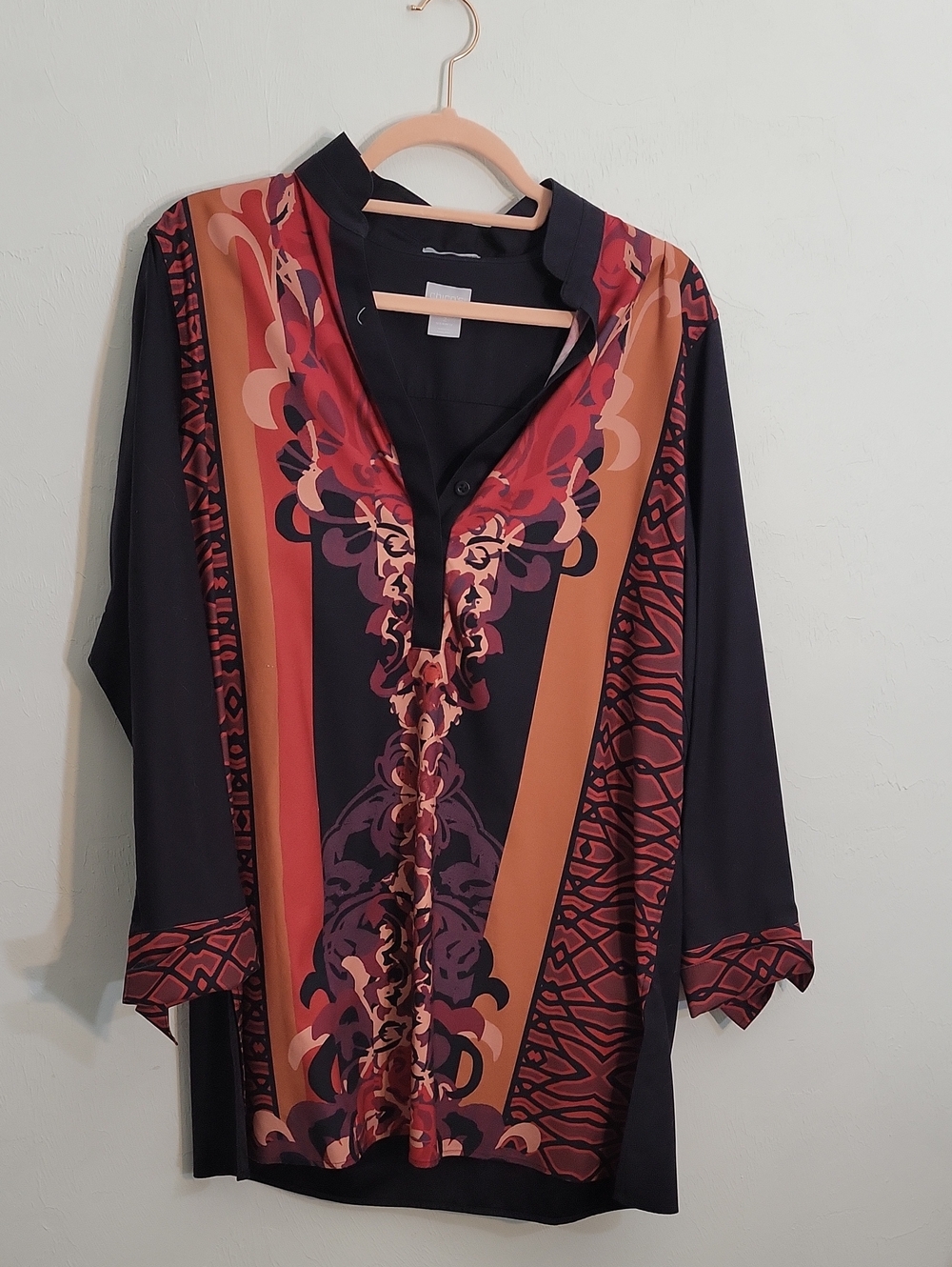 Chico's Black Tunic with Rust & Plum Geometric Panels